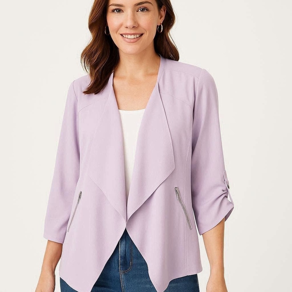 Spring Summer Pastel Lavender Drape Jacket Motto Chico's Size 1 Medium 8 10‎